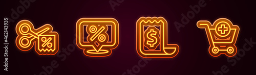 Set line Scissors cuts discount coupon, Discount percent tag, Paper check and financial check and Add to Shopping cart. Glowing neon icon. Vector