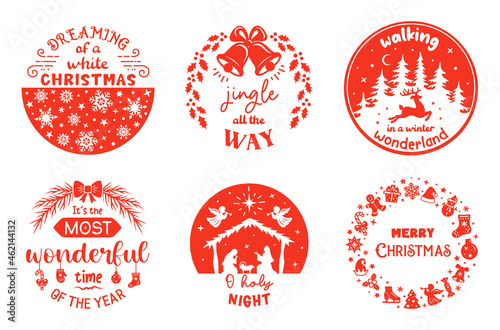 Set of Christmas round signs with greeting quotes and words. Christmas symbols with saying. Winter holiday emblem designs. Festive badges and cards.