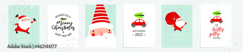 Vector set of christmas illustrations. Santa Claus with presents, holiday is approaching, red car is carrying a Christmas tree, typographic posters, postcards. Merry Christmas and Happy New Year.
