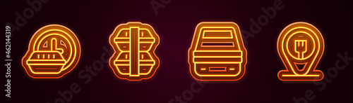 Set line Round the clock delivery, Lunch box, and Cafe and restaurant location. Glowing neon icon. Vector