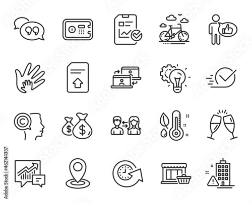 Vector set of Accounting, Upload file and Social responsibility line icons set. Bike rental, Safe box and Thermometer icons. Quote bubble, People communication and Idea gear signs. Vector