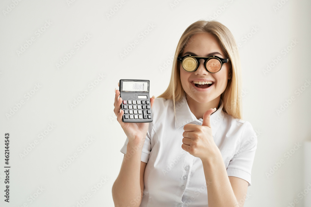 cheerful woman calculator in hand and bitcoin mining technologies cheerful woman calculator in hand and bitcoin mining technologies