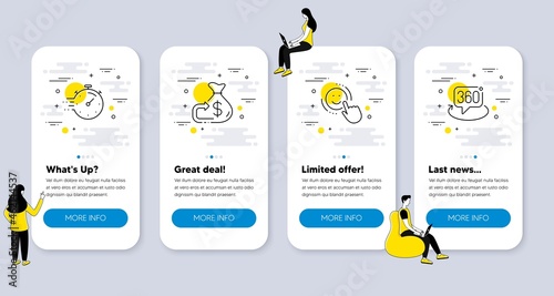 Set of Business icons, such as Cashback, Smile, Timer icons. UI phone app screens with people. 360 degree line symbols. Money budget, Positive feedback, Deadline management. Virtual reality. Vector
