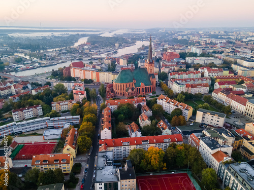 Szczecin, Poland 10.10.2021 Panorama of the city with its architecture. View from the drone