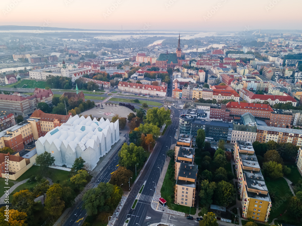 Fototapeta premium Szczecin, Poland 10.10.2021 Panorama of the city with its architecture. View from the drone