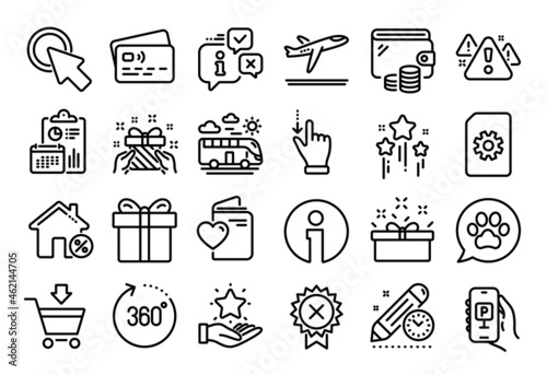 Vector set of Reject medal, Present box and Loan house line icons set. Calendar report, Money wallet and Credit card tag. 360 degrees, Pets care and Parking app icons. Vector