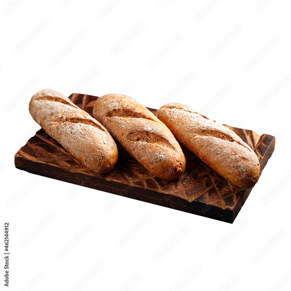 Isolated three loafs of white bread on a wooden board 