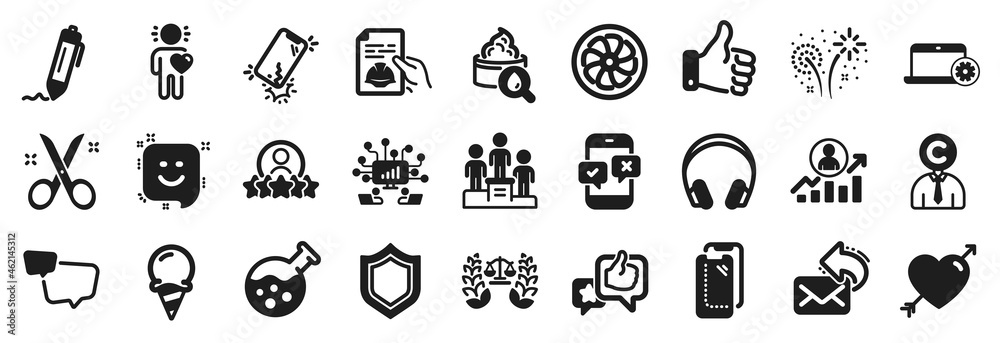 Set of Business icons, such as Teamwork, Human rating, Chemistry lab icons. Fireworks, Business podium, Notebook service signs. Ice cream, Scissors, Fan engine. Phone survey, Friend, Love. Vector