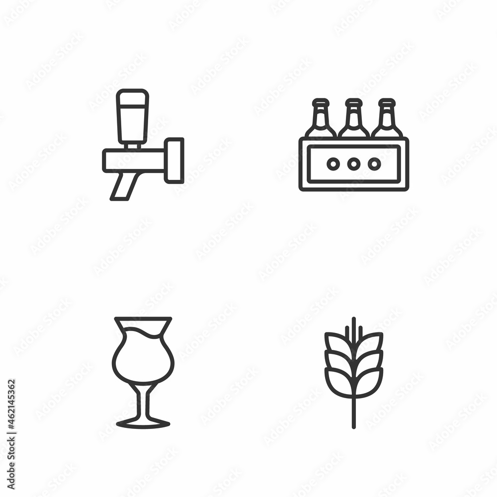 Set line Wheat, Glass of beer, Beer tap and Pack bottles icon. Vector