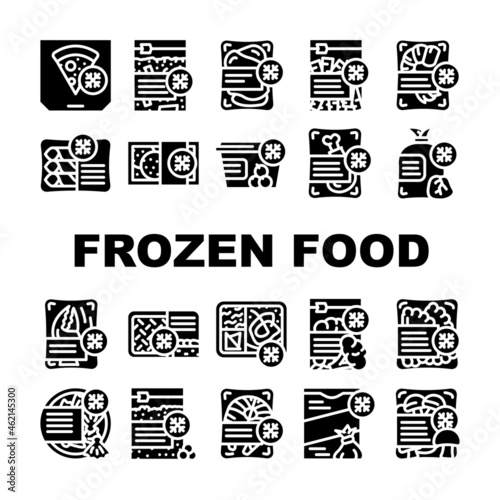 Frozen Food Storage Packaging Icons Set Vector. Broccoli And Mushrooms Vegetable Frozen Nutrition, Crab And Shrimp Seafood, Pizza and Dumplings Delicious Meal Glyph Pictograms Black Illustrations