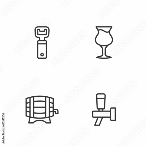 Set line Beer tap, Wooden barrel on rack, Bottle opener and Glass of beer icon. Vector