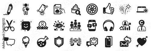 Set of Business icons, such as Teamwork, Human rating, Chemistry lab icons. Fireworks, Business podium, Notebook service signs. Ice cream, Scissors, Fan engine. Phone survey, Friend, Love. Vector