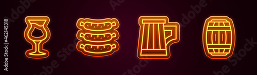 Set line Glass of beer, Sausage, Wooden mug and barrel. Glowing neon icon. Vector