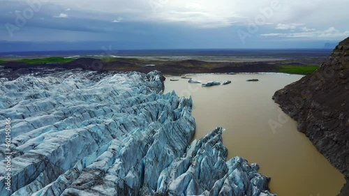 Fly Over Lagoon With Svinafellsjokull Glacier In Vatnajökull, Southern Iceland. Aerial photo