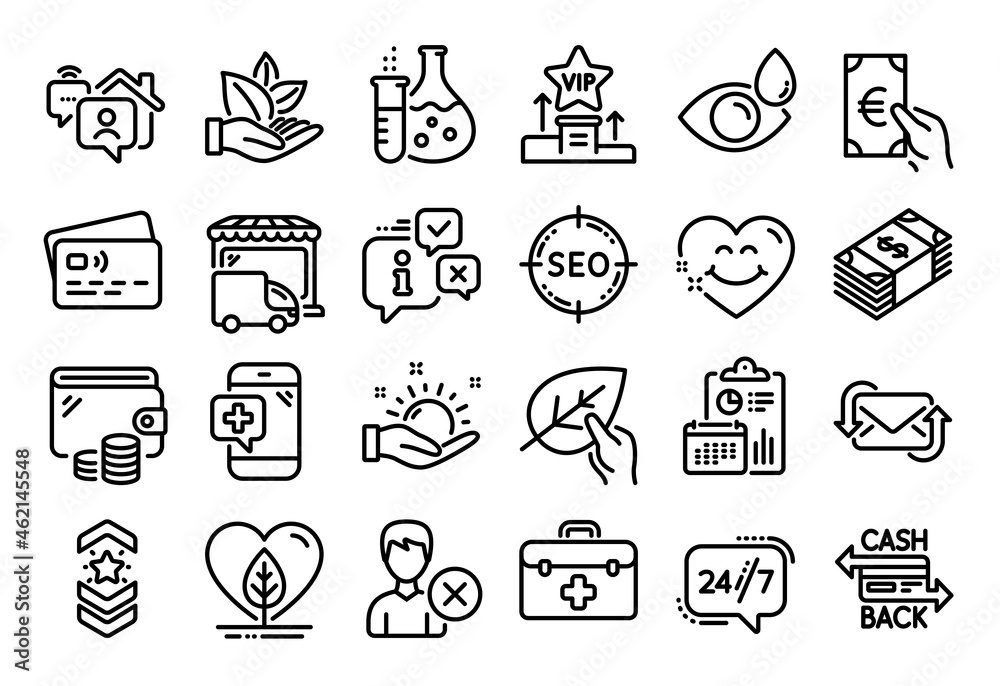 Vector set of Work home, Local grown and Shoulder strap line icons set. Calendar report, Money wallet and Credit card tag. Eye drops, Cashback card and Remove account icons. Vector Vector set of Work home, Local grown and Shoulder strap line icons set. Calendar report, Money wallet and Credit card tag. Eye drops, Cashback card and Remove account icons. Vector