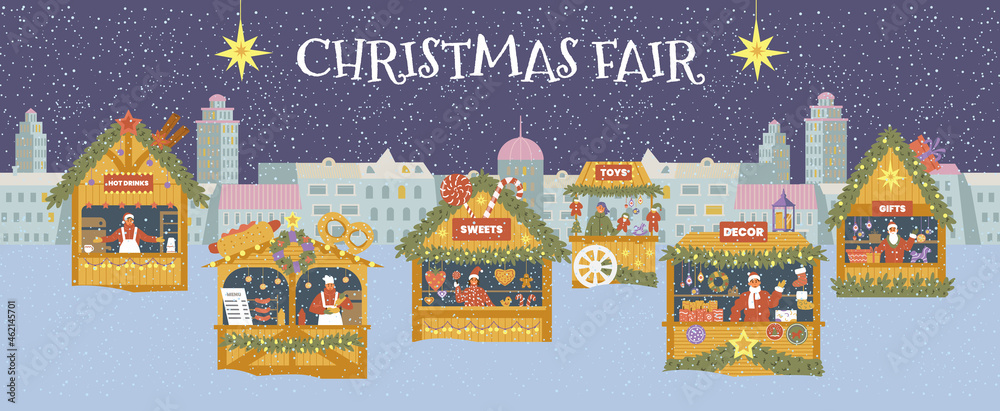 Christmas fair horizontal vector banner. Winter night cityscape with different shops.
