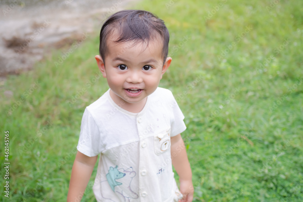Portrait cute little boy about 2 year olds standing on grass. he happy smile. family rest in holidays or baby's development concept. child asian authentic. Portrait cute little boy about 2 year olds standing on grass. he happy smile. family rest in holidays or baby's development concept. child asian authentic.