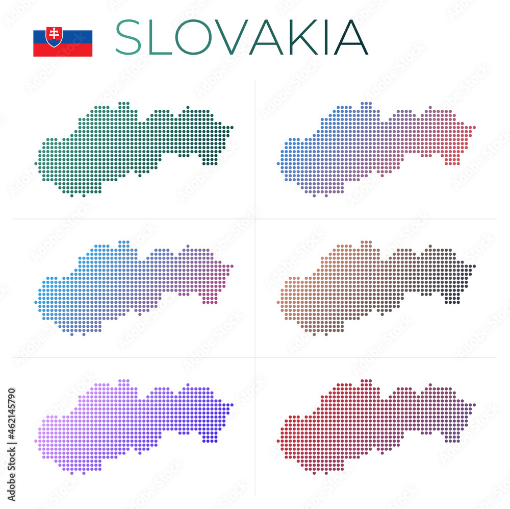 Slovakia dotted map set. Map of Slovakia in dotted style. Borders of the country filled with beautiful smooth gradient circles. Artistic vector illustration.
