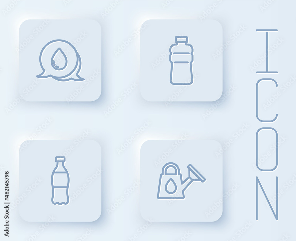 Set line Water drop with speech bubbles, Bottle of water, and Watering can. White square button. Vector Set line Water drop with speech bubbles, Bottle of water, and Watering can. White square button. Vector