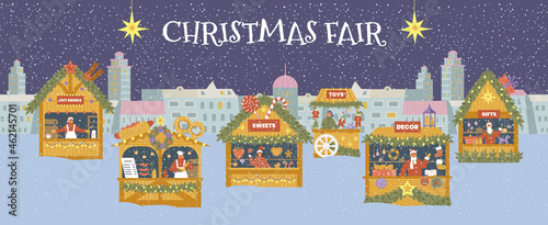 Christmas fair horizontal vector banner. Winter night cityscape with different shops.