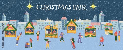 Christmas fair horizontal vector banner. Winter night cityscape with people and shops.