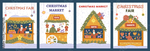 Vector set of Christmas market posters with gift shops  decorations  toys and sweets.