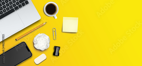 Workspace desktop with office supplies, realistic vector design