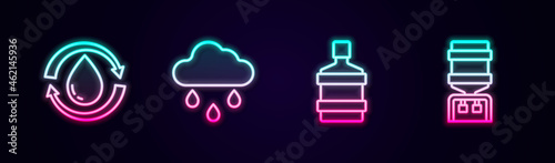 Set line Recycle clean aqua, Cloud with rain, Big bottle water and Water cooler. Glowing neon icon. Vector