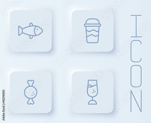 Set line Fish  Coffee cup to go  Chicken leg and Wine glass. White square button. Vector