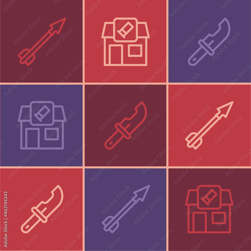 Set line Medieval arrow, Hunter knife and Hunting shop icon. Vector Set line Medieval arrow, Hunter knife and Hunting shop icon. Vector