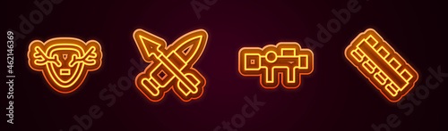 Set line Deer antlers on shield, Crossed bullet with arrow, Sniper optical sight and Hunting cartridge belt. Glowing neon icon. Vector
