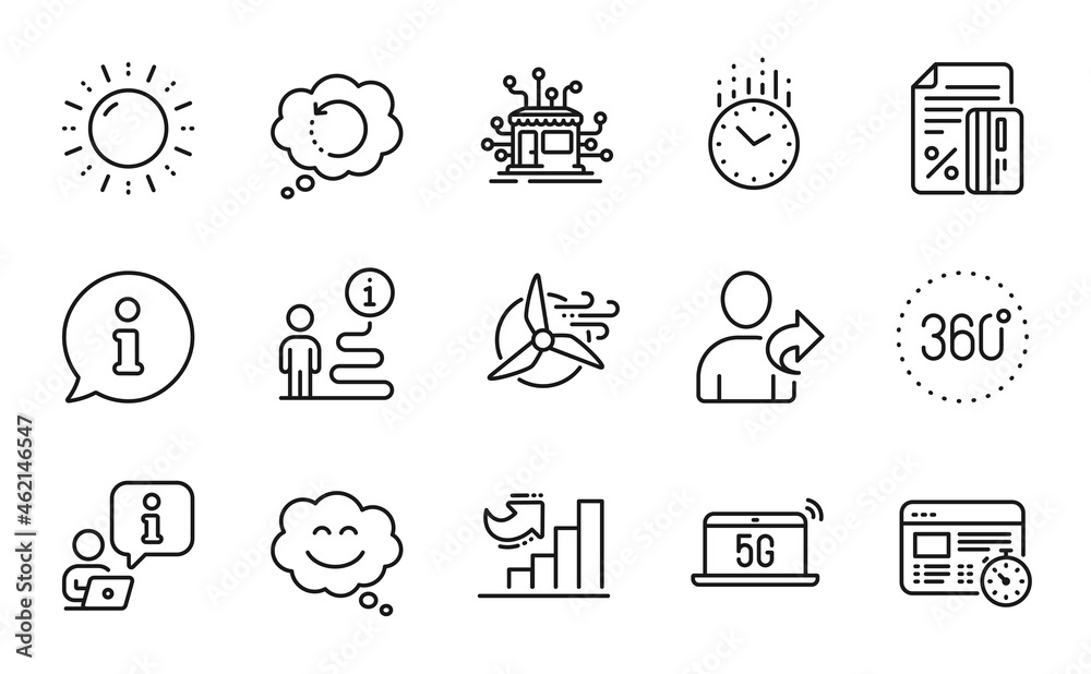 Technology icons set. Included icon as Smile chat, Windmill turbine, 360 degrees signs. Recovery data, Credit card, Distribution symbols. Web timer, Time, 5g notebook. Growth chart. Vector