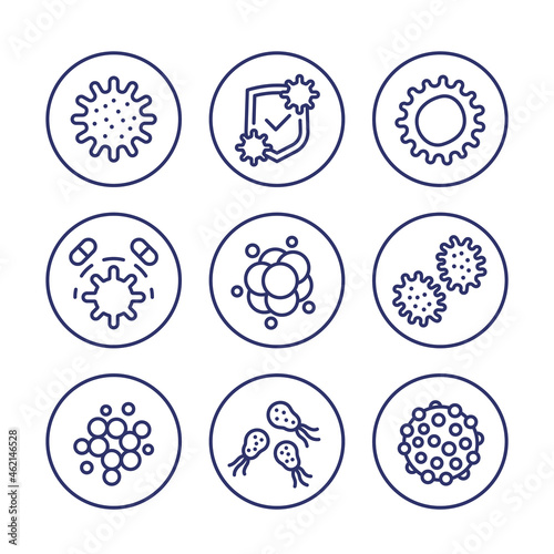 microbe, virus and bacteria line icons set