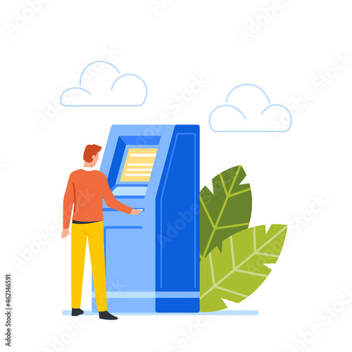 Man Stand at Automated Teller Machine Insert Credit Card in Slot, Character Want to Draw Money from Atm, Bank Service