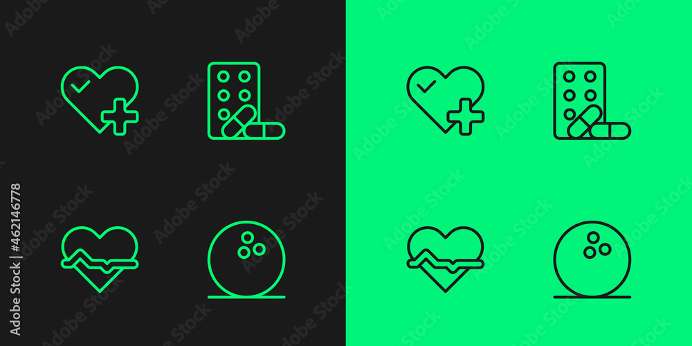 Set line Bowling ball, Heart rate, and Sports doping with dumbbell icon. Vector