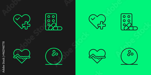 Set line Bowling ball, Heart rate, and Sports doping with dumbbell icon. Vector