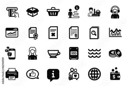 Vector Set of simple icons related to Woman, Feedback and Printer icons. Bombon coffee, Support and Search files signs. Waves, Opened box and Dating chat. Investment, Savings and Attachment. Vector
