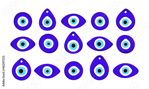 Blue oriental evil eye symbol amulet flat style design vector illustration set isolated on white background. Greek or turkish nazar protection talisman.