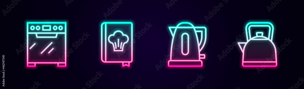 Set line Oven, Cookbook, Electric kettle and Kettle with handle. Glowing neon icon. Vector Set line Oven, Cookbook, Electric kettle and Kettle with handle. Glowing neon icon. Vector