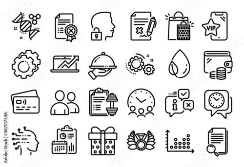 Vector set of Gears, Artificial intelligence and Gift box line icons set. Calendar report, Money wallet and Credit card tag. Users, Laureate medal and Vip phone icons. Vector