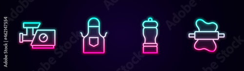 Set line Kitchen meat grinder, apron, Pepper and Rolling pin dough. Glowing neon icon. Vector