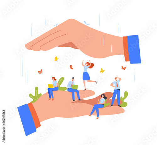 Happy Tiny Employees Sitting and Working on Huge Boss Hands. Office Characters Under Leader Protection, Safety at Work