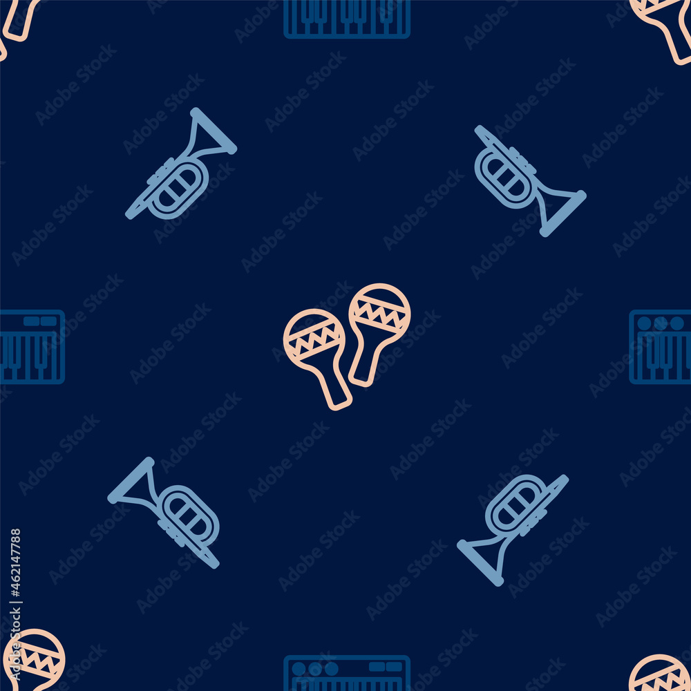 Fototapeta premium Set line Music synthesizer, Trumpet and Maracas on seamless pattern. Vector