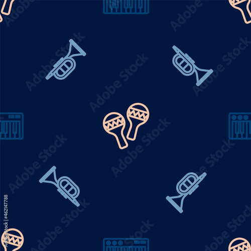 Set line Music synthesizer, Trumpet and Maracas on seamless pattern. Vector