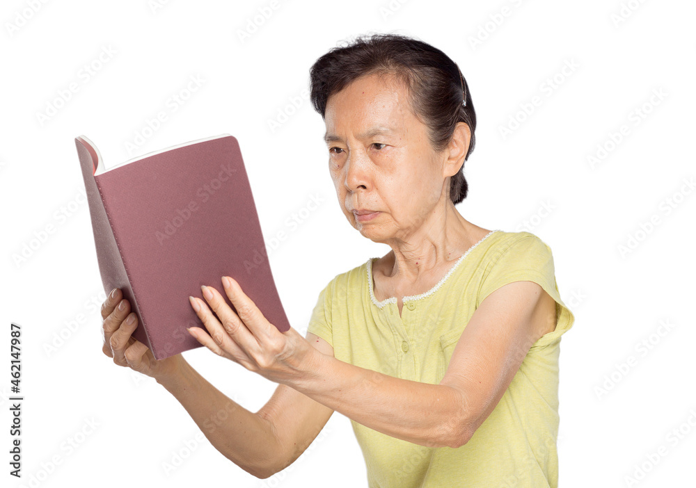 asian elderly woman reading from distance because farsightedness asian elderly woman reading from distance because farsightedness
