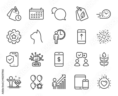 Fototapeta Naklejka Na Ścianę i Meble -  Vector set of Settings gear, People voting and Phone insurance line icons set. Balloon dart, Calendar and Gluten free icons. Time management, Swipe up and Messenger signs. Vector