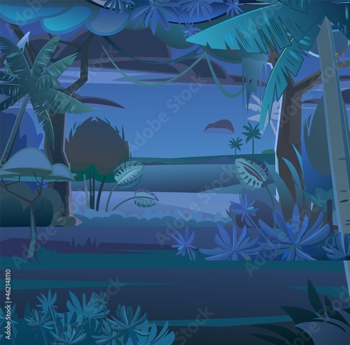 Jungle creepers. Dense thickets. View from Dark night forest. Southern Rural Scenery. Tropical forest panorama. Illustration in cartoon style flat design. Vector