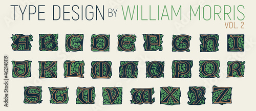 William Morris typography, initials with foliage. Type design with branches, foliage and flowers. Poster, invitation, wedding card, book cover design. Capital letters from Arts & Craft movement. 1890