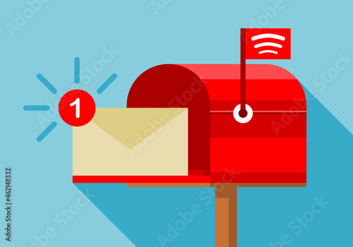 Red mailbox open door with envelope notification online flat vector design.