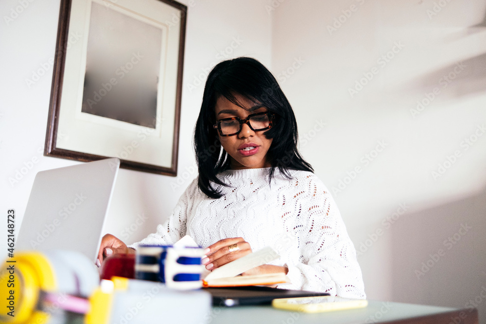 Female professional reading diary at home office Female professional reading diary at home office